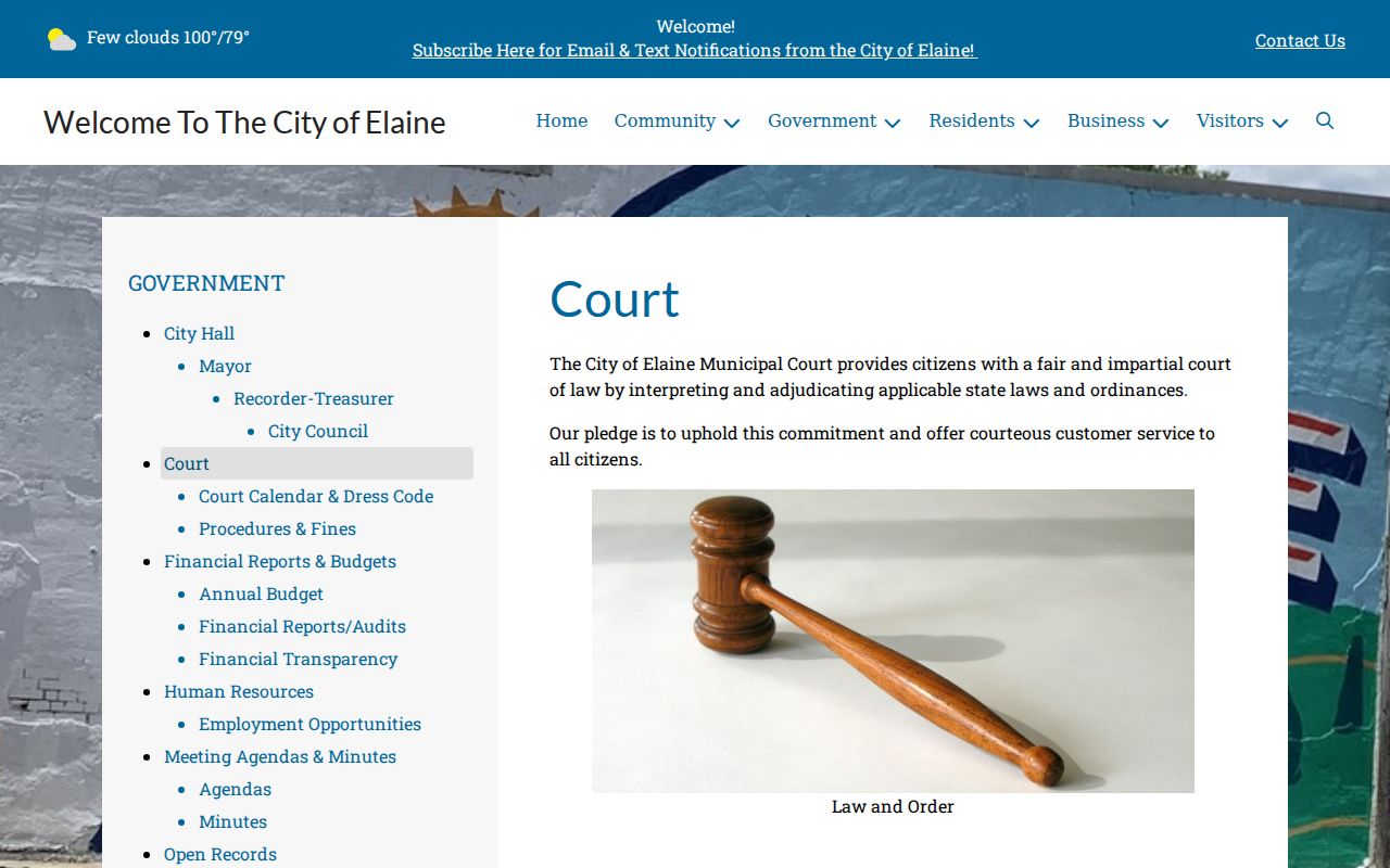 Elaine court records source showing the official Elaine court page